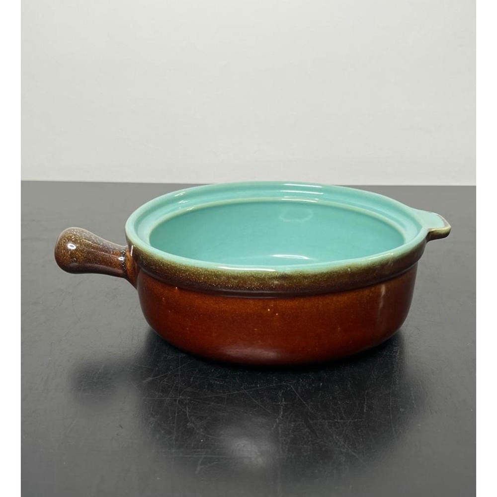 Vintage‎ Ceramic Casserole Dish Brown Turquoise MCM Single Handle 6.5in